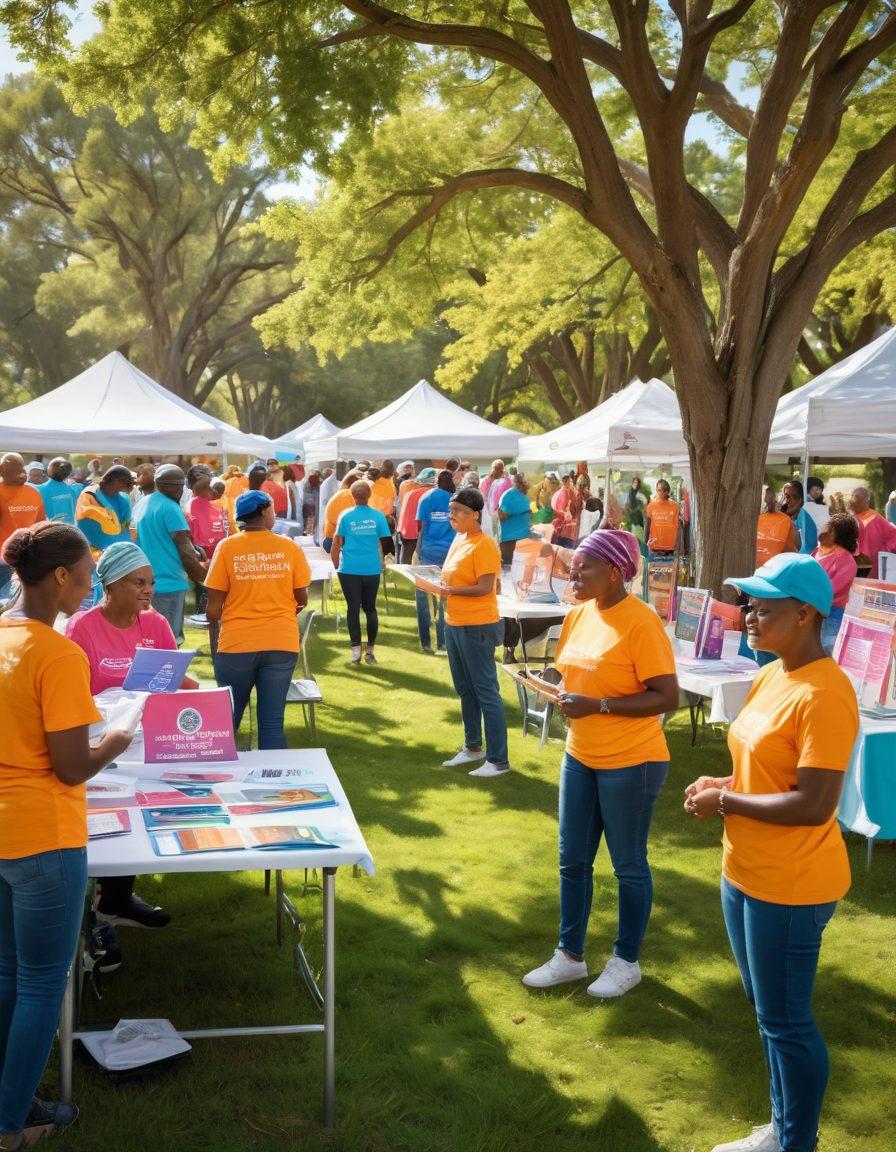 An inspiring scene showcasing a diverse group of cancer survivors and supporters engaged in a community awareness event, surrounded by informational banners and tables with brochures. The backdrop features a vibrant park setting with trees and sunlight filtering through, symbolizing hope and resilience. The individuals are wearing colorful t-shirts that promote awareness and solidarity, creating an uplifting atmosphere. super-realistic. vibrant colors. natural setting.