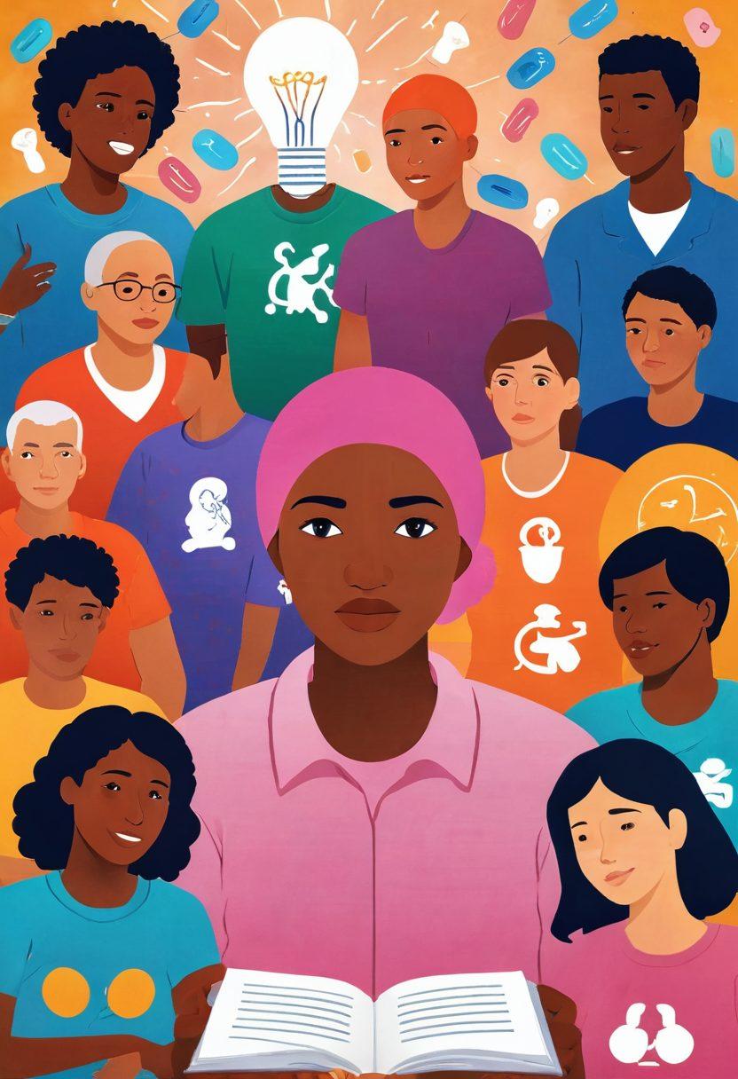 A conceptual illustration featuring a diverse group of people, each displaying different cancer symptoms through expressions and body language, surrounded by visual elements representing various treatment options like pills, infusions, and supportive care. The background should feature a gradient of warm and cool colors symbolizing hope and awareness. Include an open book or a lightbulb to signify understanding and education about cancer. super-realistic. vibrant colors. emotionally engaging.