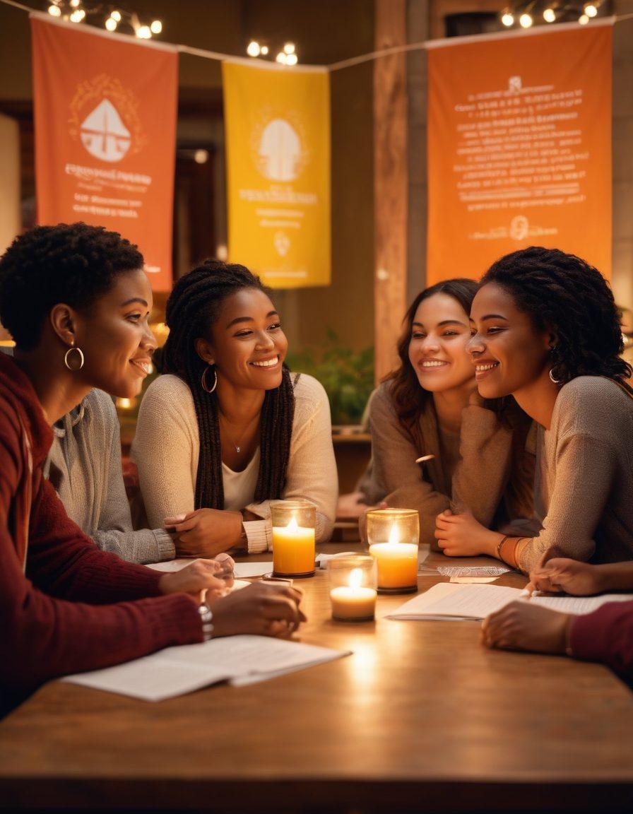A diverse group of individuals sharing their stories in a cozy community gathering setting, with warm colors and supportive expressions. Background includes elements of advocacy like banners and symbols of empowerment. Soft lighting creates an inviting atmosphere, with a focus on unity and hope. super-realistic. vibrant colors. warm lighting.